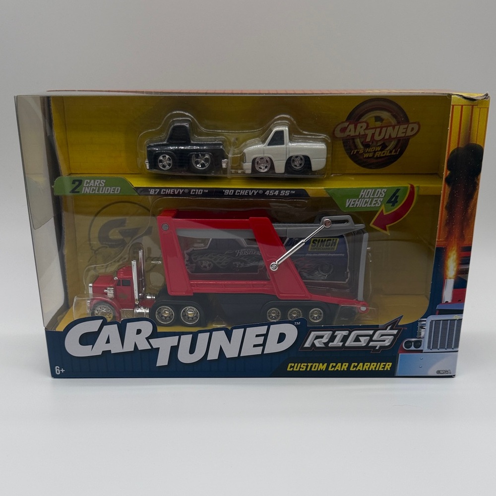 Car Tuned Rigs Custom Car Carrier w/ 2 Cars ‘87 Chevy C10 & ‘90 Chevy 454 SS New